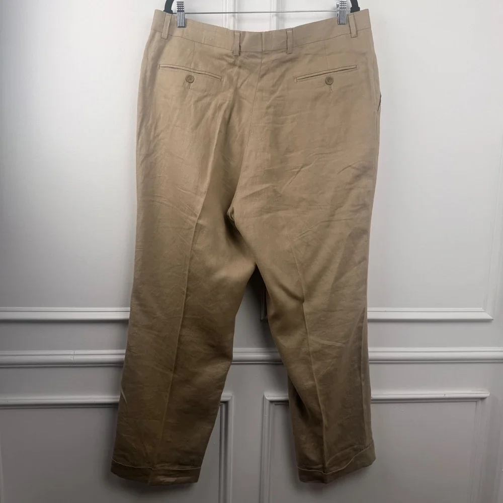Allen Solly Platinum Mens 38x30 Tan 100% Linen Pleated Cuffed Pants